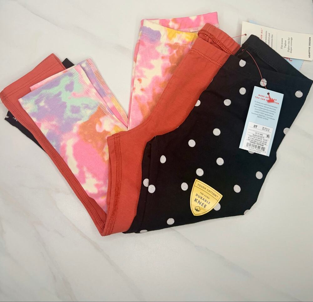 3 NWT Cat & Jack Toddler Girls Adaptive Leggings 3T Polka Dots,Tie Dye, Solid